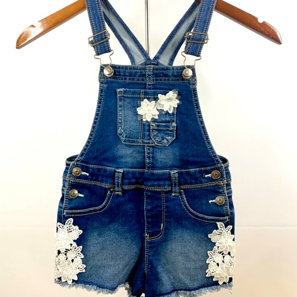 Girls/Toddler WONDER NATION 4T shortalls boho white floral/lace denim overalls - Picture 11 of 14